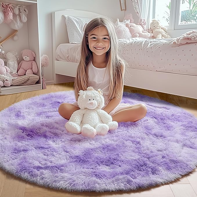 ONASAR Round Rugs 5ft for Bedroom Living Room, Tie-Dyed Purple Fluffy Circle Area Rug for Kids Girls Boys Teen, Soft Plush Shaggy Carpet for Nursery Dorm Classroom Playroom Home Decor Aesthetic