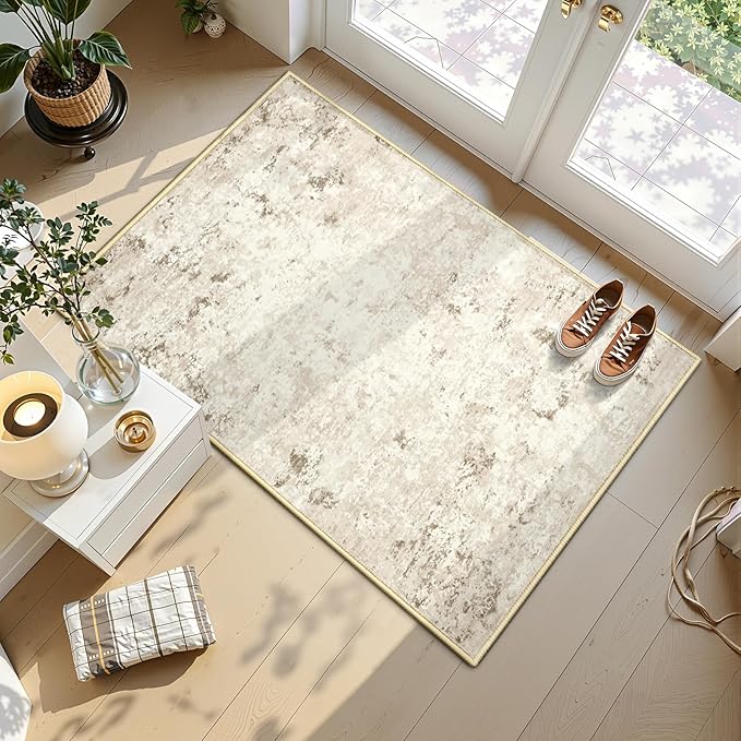 Toneed Entryway Rug 2x3 Door Mat for Indoor Entrance, Washable Small Throw Rug for Kitchen Floor, Front Door, Bedroom Bedside, Non-Slip Low Pile, Abstract Beige