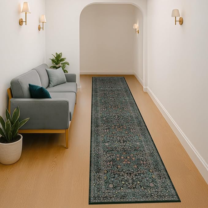Hazo Haus Washable Dark Green 2x10 Runner Rug for Hallway, Kitchen, 10 ft Non Slip Stain Resistant Extra Long Soft Rugs, Vintage Floral Unique Botanical Floor Mat