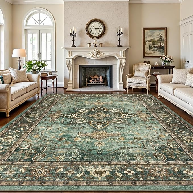 Lofus 9x12 Area Rugs for Living Room, Washable Area Rug, Rugs for Bedroom, Kitchen, Vintage Boho Carpet, Soft Non-Slip, Low Pile Large Area Rug for Office Dining Room, Green