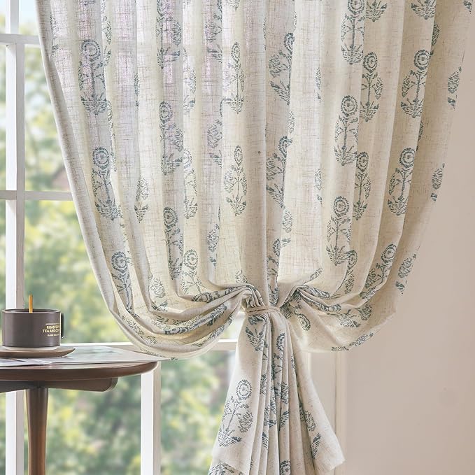 jinchan Linen Floral Curtains for Living Room 84 Inch Length Blue Flower Cottage Core Farmhouse Curtains Rod Pocket Back Tab Boho Semi Sheer Window Drapes Bedroom Set 2 Panels Blue on Beige