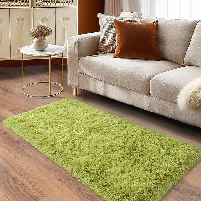 Soft Runner Rugs for Bedroom Hallways, 2x4 Grass Green Fluffy Shag Throw Area Rug Non Slip for Bedside Dorm, Long Shaggy Furry Carpet for Nursery Living Room
