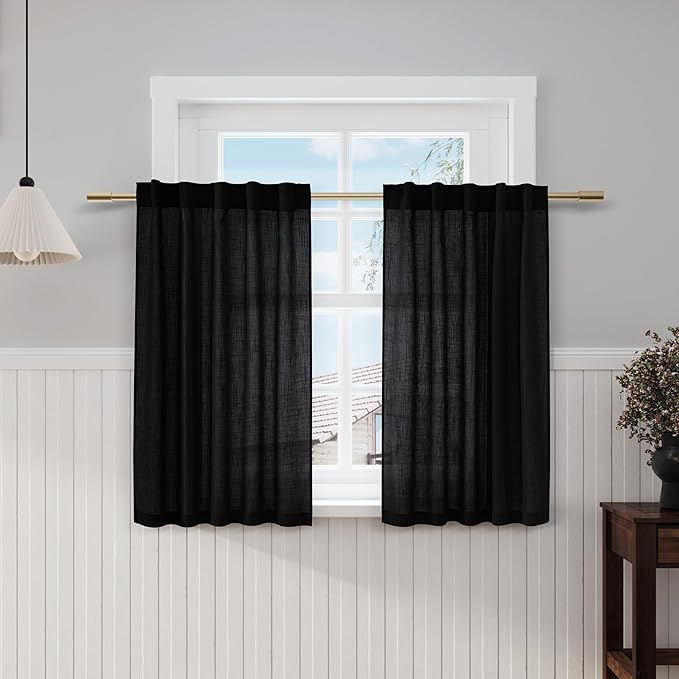 Black Linen Kitchen Curtains 45 Inch Length Set 2 Panel Back Tab Pocket Semi Sheer Drapes Short Narrow Mini Curtain Tiers for Small Bathroom Window Door Entryway Cottage Decor 38x45