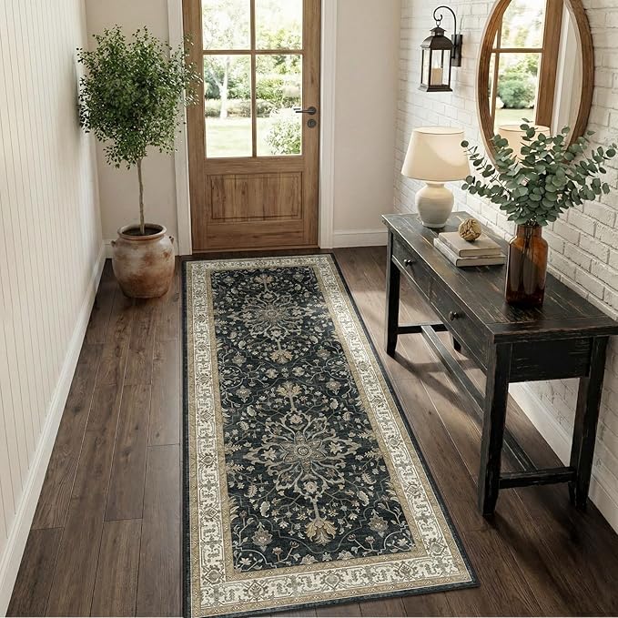 RELEANY Area Rugs 2'x6' Runner Rug Non Slip Washable for Kitchen Hallway Bedroom Beside Laundry Room Bathroom Rug, Floor Carpet, Vintage Black Brown Neutral