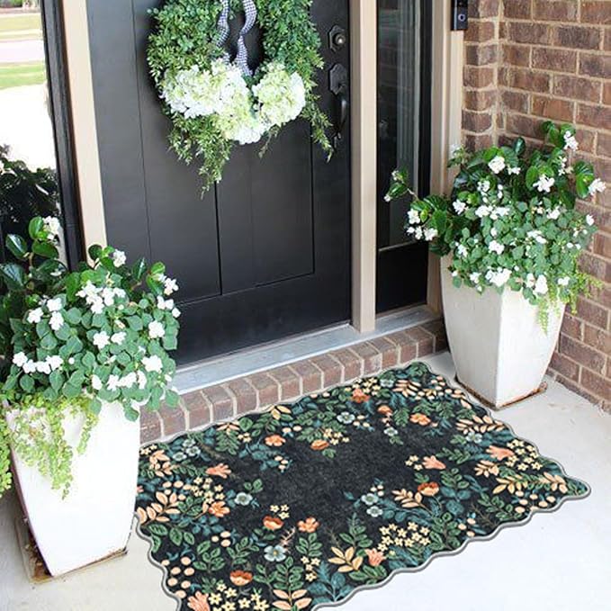 Front Door Mat Outside Entrance - 2x3 Black Floral Non-Slip Washable Doormat Indoor Outdoor Mat Boho Vintage Entry Rug Small Throw Rugs for Entryway Kitchen Front Porch Decor