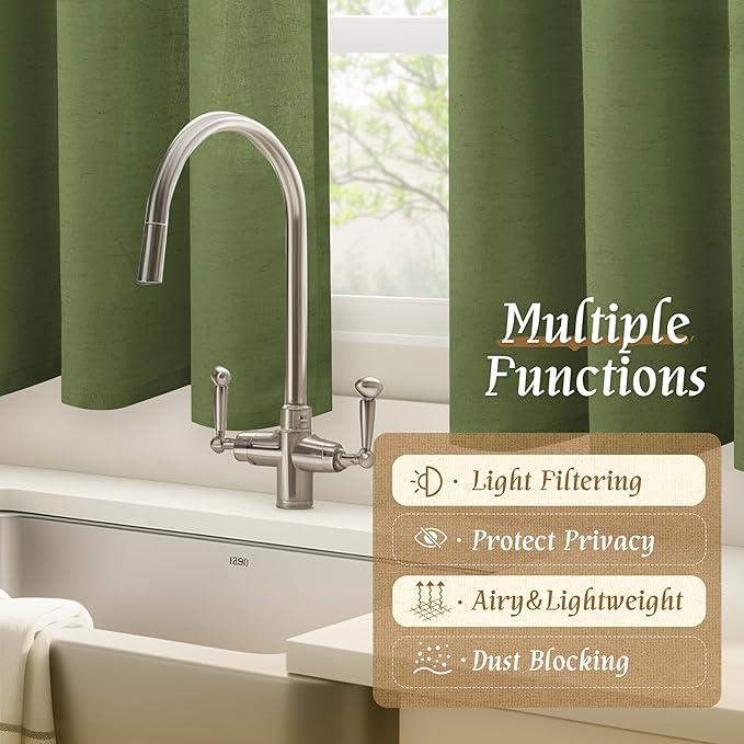LAMIT Linen Curtains 45 Inch Length 2 Panels Set for Bedroom, Light Filtering Semi Sheer Neutral Short Decorative Window Rod Pocket Christmas Decor Drapes for RV/Basement, 42 X 45 Inch, Olive Green