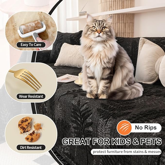 HANDONTIME Washable Couch Covers for Sofa Boho Couch Covers for 3 Cushion Sofa Pet Friendly Black Chenille Jacquard Couch Protector for Dogs Plant Branch Sectional Cover Sofa Slipcovers, 71" X 118"