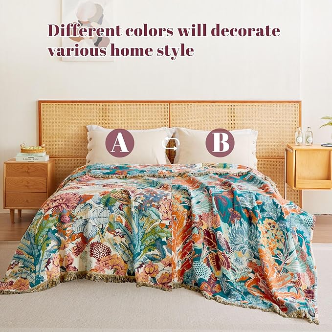 MSGKV Boho Throw Blanket for Bed Couch 100% Cotton Blanket 60"x80" Spring Breathable Farmhouse Lightweight Muslin Blankets Home Decor