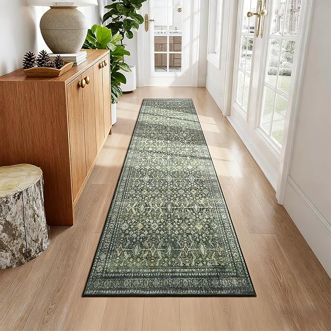 Lofus 2X 6 Area Rug, Green Washable Runner Rugs for Hallways with Non Slip Rubber Backing, Low Pile Soft Carpet Runner for Kitchen Bathroom Bedroom Laundry