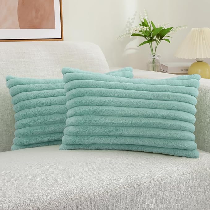 decorUhome Summer Cozy Faux Fur Throw Pillow Covers 12x20 Set of 2 Decorative Soft Plush Striped Lumbar Modern Farmhouse Boho Couch Pillow Cases with Velvet Back for Sofa Bed Living Room, Aqua