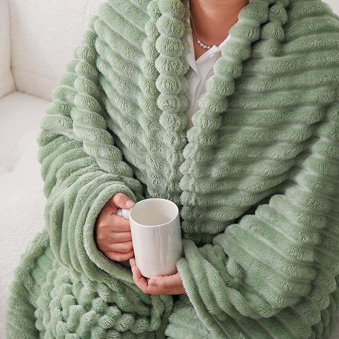 Sage Green Fleece Throw Blanket 60”×80” for Couch Sofa Bed,Super Soft Cozy Plush Microfiber Flannel Blanket with Stripes Design Lightweight for Adults,Woman,Girls