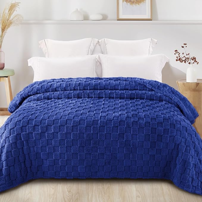 Exclusivo Mezcla Queen Size Flannel Fleece Blanket, Super Soft and Warm Lightweight Checkered Pattern Blankets for All Seasons, 90x90 Inches, Cobalt Blue