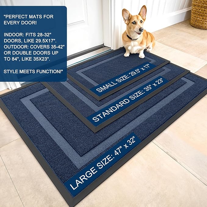 OLANLY Front Door Mat Indoor Outdoor Entrance, Waterproof All-Season, All-Weather Doormat, Sturdy Natural Rubber, Fade Resistant, Low Profile, Easy Clean Patio Porch Entryway Mat, 33x21, Blue