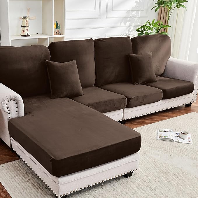 Couch Cover 8-Piece Elastic Velvet Couch Cushion Covers & Chaise Slipcovers for L-Shaped Sofas - Sofa Seat Covers Washable, Soft Protector for Couches (7 Seater + Chaise, Coffee)