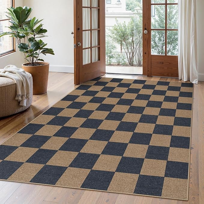 Lahome Colette Checkered Easy Jute Living Room Rugs, 5x7 Dining Room Office Rug Farmhouse Outdoor Patio Carpet, Checkerboard Washable Non Slip Indoor Outdoor Blue Carpet for Backyard Entry Deck