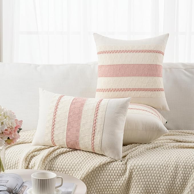 Fancy Homi Set of 1 Boho Pink Lumbar Decorative Throw Pillow Cover 12x20 Inch for Couch Bed Sofa Chair, Modern Organic Farmhouse Home Decor, Soft Cotton Cute Accent Rectangle Cushion Case