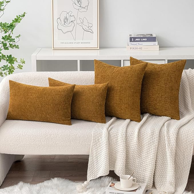 MIULEE Pack of 2 Couch Throw Pillow Covers 20x20 Inch Soft Mustard Chenille Pillow Covers for Sofa Living Room Solid Dyed Pillow Cases