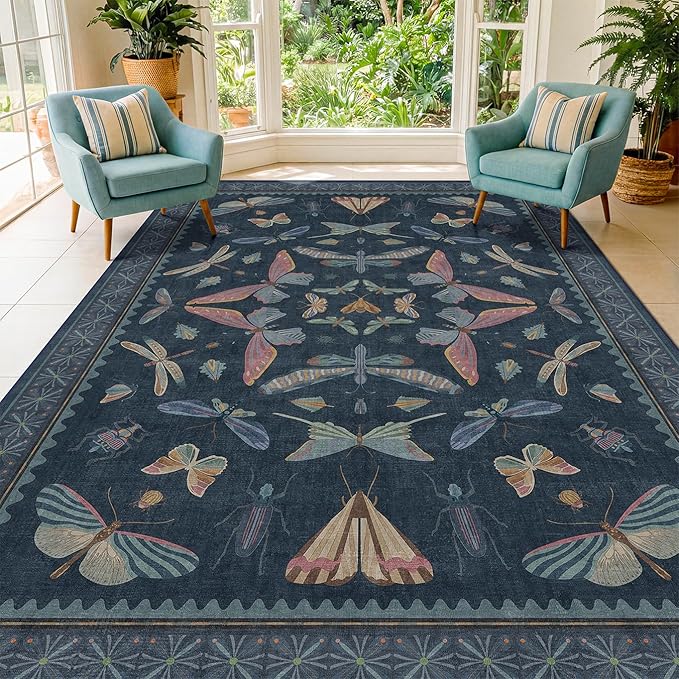 Boho Living Room Area Rug 6x9, Non Slip Dining Room Rugs for Under Table, Washable Soft Low Pile Bedroom, Vintage Insect Moth Dark Home Décor, Stain Resistant Carpet (Navy Blue)