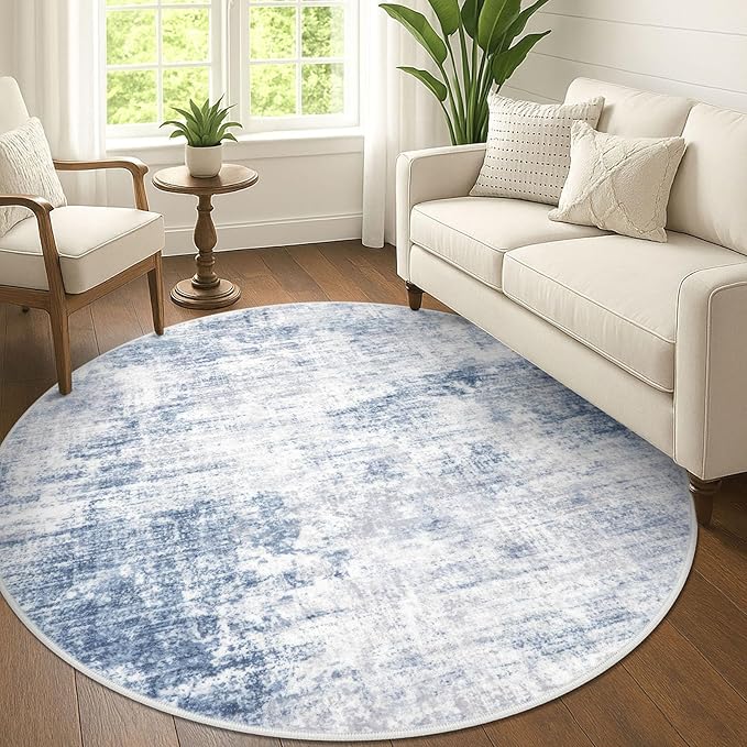 IOHOUZE Abstract Round Area Rug 6 Ft Washable Circle Rugs Large Round Rug Non Slip Thin Soft Circle Rugs, Printed Faux Wool Floor Carpet for Bedroom Living Room Dining Room Nursery, Light Blue Grey