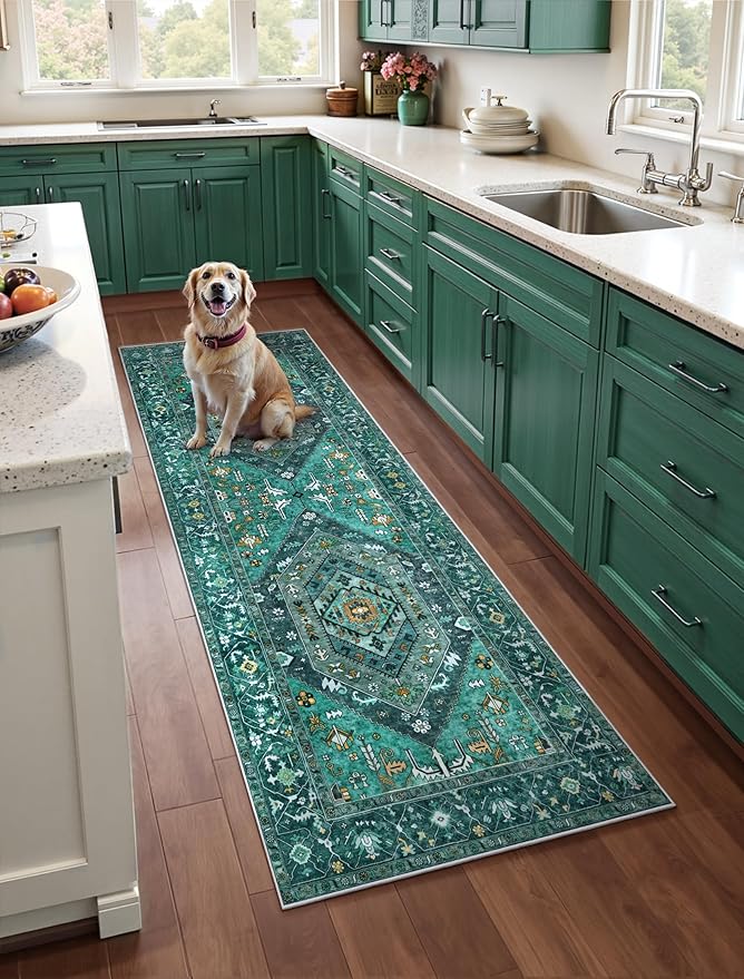 SERISSA Boho Kitchen Runner Rug, 3x7 Washable Non-Slip Runner Rug for Hallways Kitchen Rug, Ultra Soft Vintage Teal Print Distressed Tribal Floor Carpet Runner for Bedroom Entryway Laundry Room