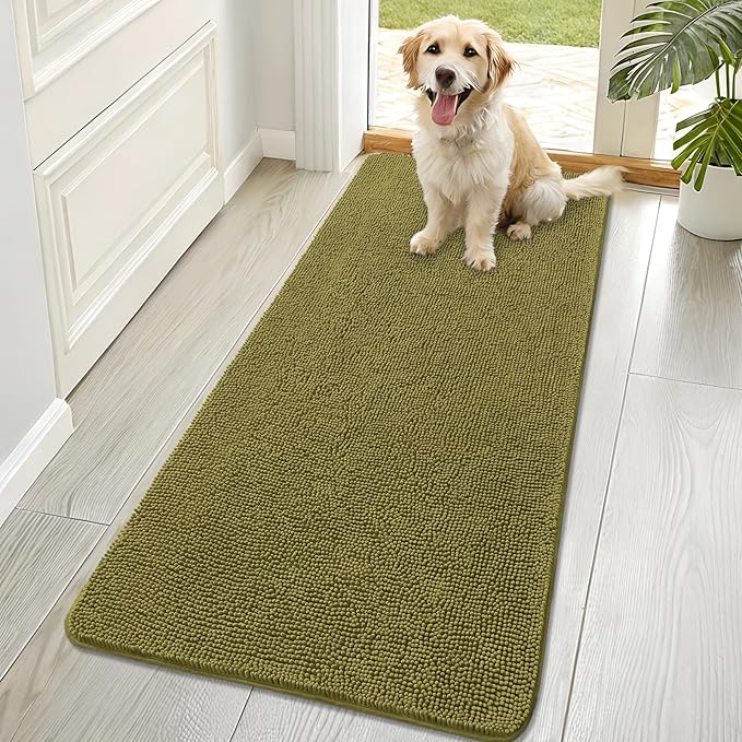 OLANLY Dog Door Mat for Muddy Paws 70x32, Absorbs Moisture and Dirt, Absorbent Non-Slip Washable Doormat, Quick Dry Chenille Mud Mat, Entry Indoor Entryway Carpet for Inside Floor, Willow Green