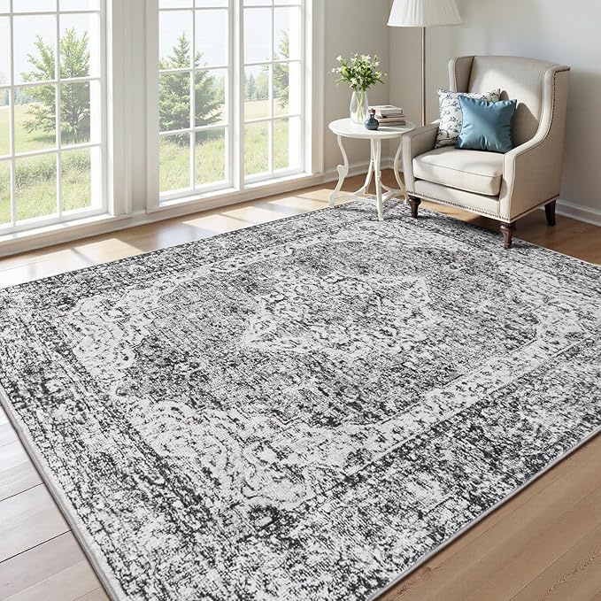 Lofus 5x7 Area Rugs for Living Room, Washable Area Rug, Rugs for Bedroom, Kitchen, Vintage Boho Carpet, Soft Non-Slip, Low Pile Large Area Rug for Office Dining Room, Vintage Dark Grey