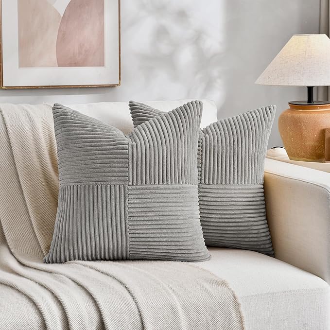 Fancy Homi 2 Packs Grey Samll Decorative Throw Pillow Covers 14x14 Inch with for Couch Bed Sofa, Rustic Farmhouse Boho Home Decor, Soft Corss Patchwork Corduroy Square Cushion Case 35x35 cm