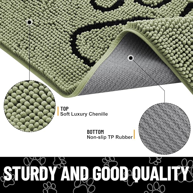 Smiry Dog Door Mat for Muddy Paws, Absorbent Dirt Trapper Non Slip Quick Dry Washable Chenille Mat for Mud Dogs, Entry Rug for Indoor and Outdoor (48x30 Inches, Sage Green and Black)