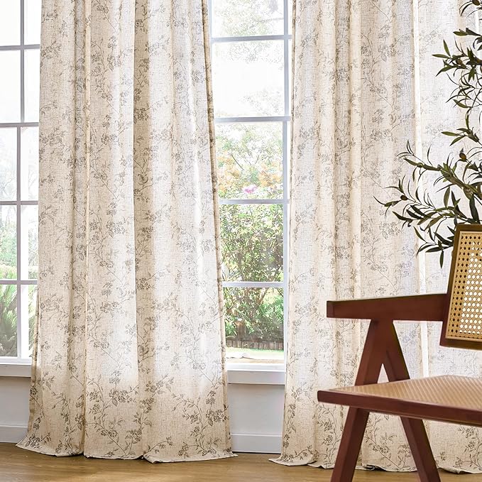 Lazzzy Linen Farmhouse Curtains Grey Floral Curtains 63 Inch Long Back Tab Drapes for Living Room Bedroom Light Filtering Country Vintage Rod Pocket Curtain, 2 Panels, Gray on Beige