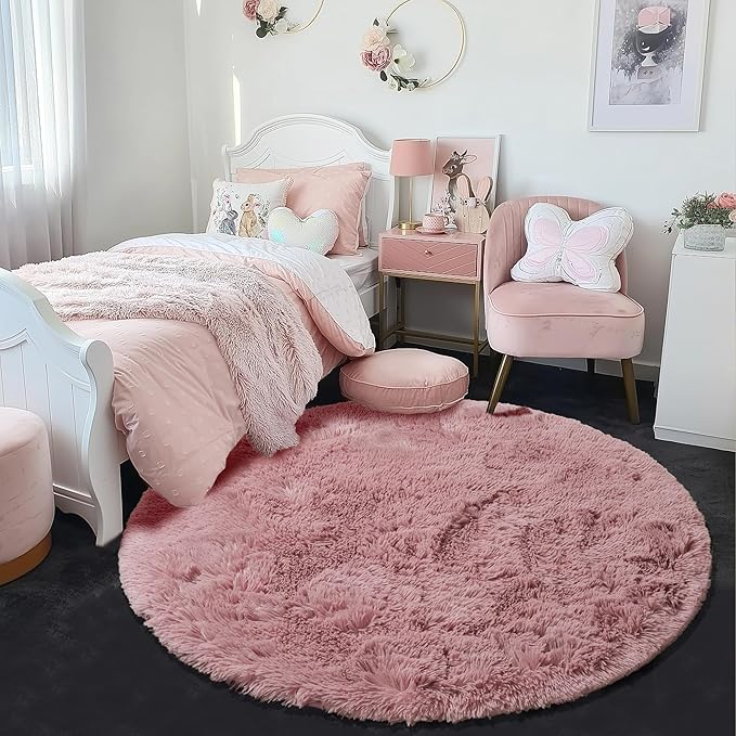 Amdrebio Blush Fluffy Round Rug 4Ft for Bedroom, Fuzzy Furry Circle Area Rugs for Kids Room Decor Aesthetic, Shaggy Circular Carpet for Girls Nursery Dorm Baby Teen, Cute Neutral Dusty Rose Mauve Rug
