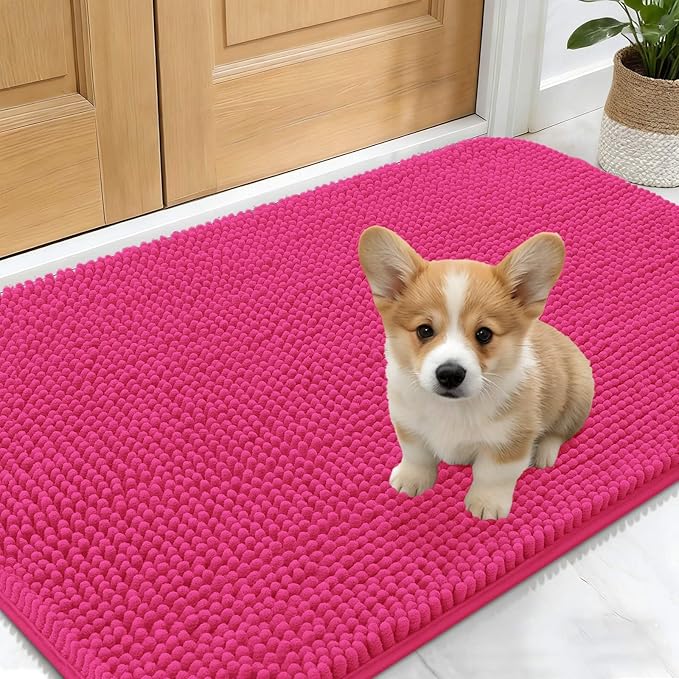 OLANLY Dog Door Mat for Muddy Paws 24x16, Absorbs Moisture and Dirt, Absorbent Non-Slip Washable Doormat, Quick Dry Chenille Mud Mat for Dogs, Entry Indoor Entryway Carpet for Inside Floor, Hot Pink