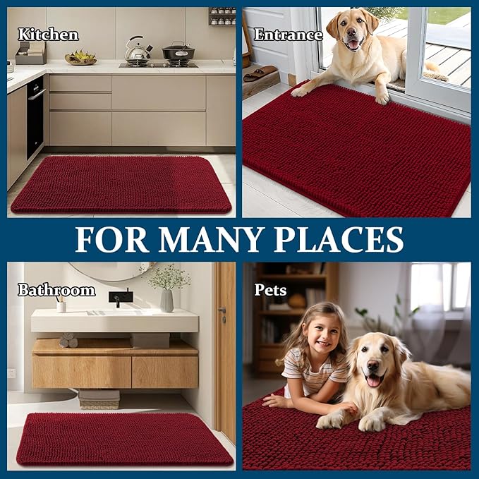 OLANLY Dog Door Mat for Muddy Paws 30x20, Absorbs Moisture and Dirt, Absorbent Non-Slip Washable Doormat, Quick Dry Chenille Mud Mat for Dogs, Entry Indoor Entryway Carpet for Inside Floor, Red