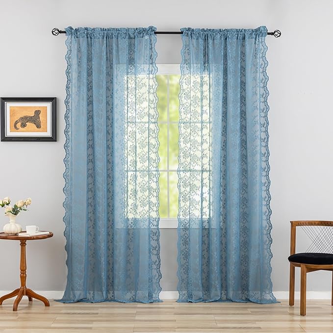 YJ YANJUN Vintage Lace Curtains 84 Inch Length-Dusty Blue Floral Sheer Curtains for Bedroom Living Room Hallway Doorways 2 Panels Set Beach Coastal Decor Rod Pocket W52 X L84 inch Stone Blue 7 Ft
