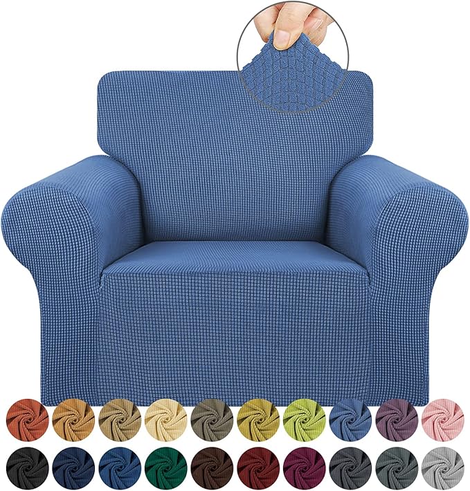 KEKUOU Stretch Single Sofa Slipcover 1 Piece Couch Sofa Cover (31"-55") Furniture Protector 1 Seater Sofa with Elastic Bottom for Kids,Pet.Jacquard Small Checked Pattern Fabric(Small,Riverside)