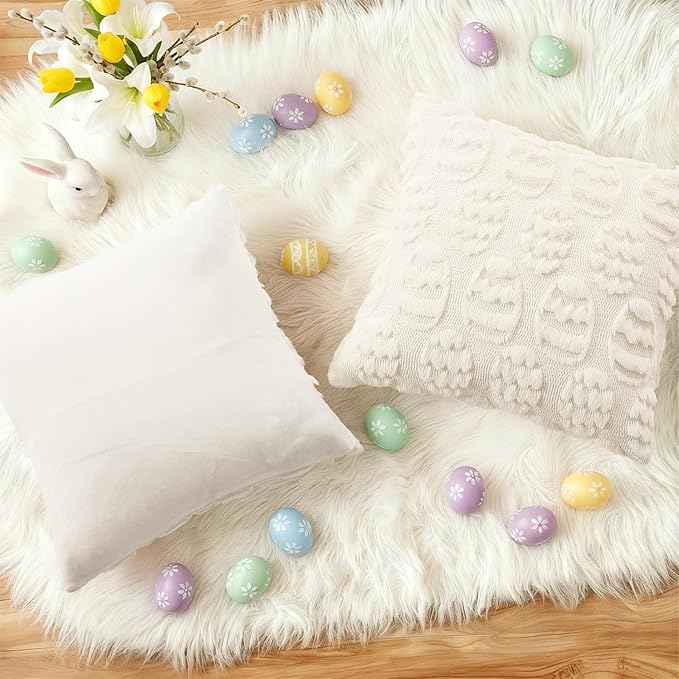 decorUhome Easter Cream White Egg Pillow Covers 20x20 Inch Set of 2, Soft Plush Faux Wool Jacquard Cushion Covers, Farmhouse Neutral Fuzzy Spring Easter Holiday Decor for Couch Sofa Bed