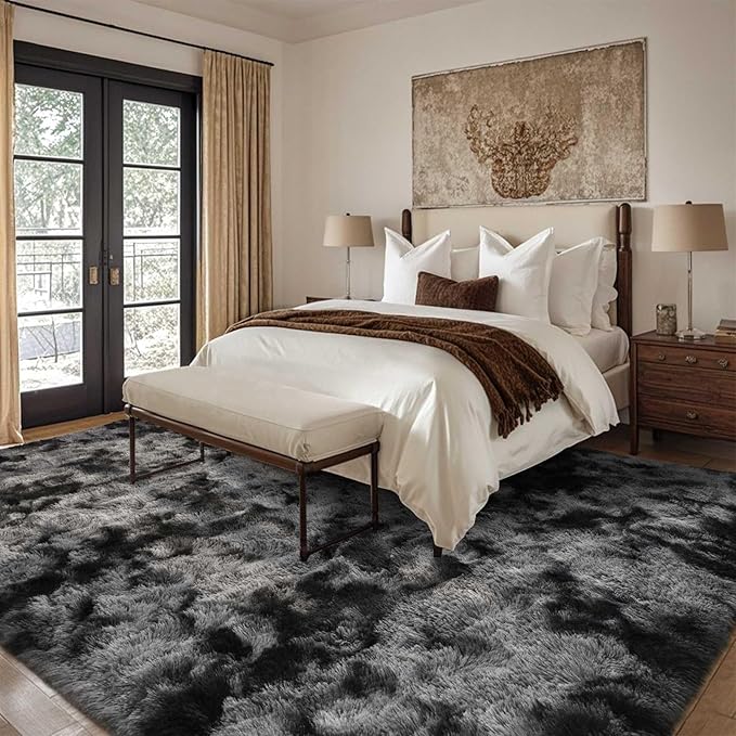 6x9 Ft Large Shag Rugs for Living Room Decor, Tie-Dyed Ultra Soft Fluffy Furry Area Rugs for Bedroom Indoor Floor, Aesthetic Carpet for Kids Home (Dark Grey)