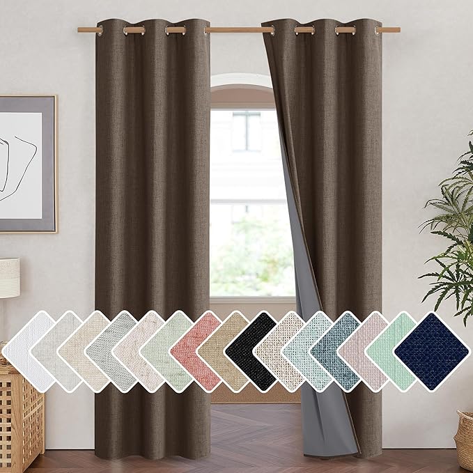 NICETOWN Coffee Vintage Linen 100% Blackout Curtains for Living Room, Thermal Insulated Curtains 84" Long, Noise Reducing Window Treatment Drapes for Hall Room, 42" Wide Per Panel, Set of 2