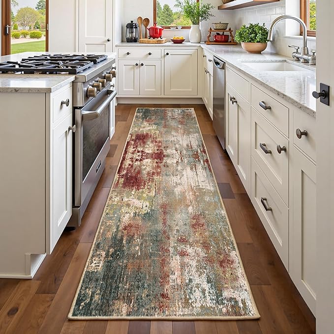 Washable Area Rugs 2'x6' Non-Slip Modern Abstract Soft for Living Room Entryway Bedroom Nursery, Print Pattern, Brown Rust Red Green Blue Multi