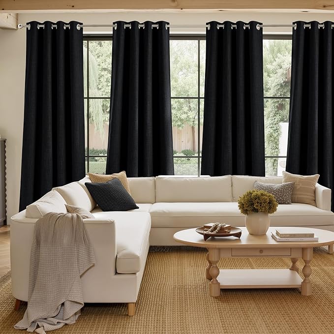 NICETOWN Short Faux Linen Black Blackout Curtains 63 inches Long for Kitchen - Privacy Panels for Living Room Bedroom, Modern Farmhouse Style Easy Care Grommet Top, 2 Panels, W42 by L63