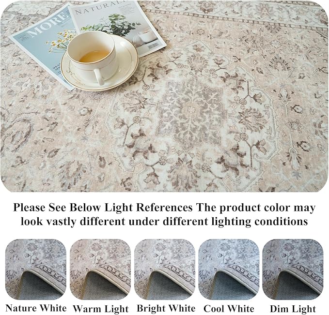 4x5 Living Room Area Rugs: Washable Farmhouse Bedside Rugs Non Slip Low Pile Vintage Small Carpet for Kitchen Bedroom Non-Shedding Printed Floor Mat for Nursery Room Office Dining Room(4x5，Beige)