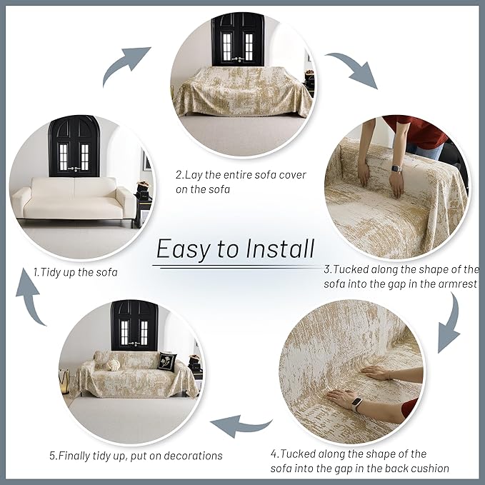 MYSKY HOME Couch Cover for Dogs Washable Couch Sofa Protector for Loveseat Sofa with Cats Pets Friendly Chenille Khaki Abstract Geometric Sofa Covers Soft Durable Farmhouse Sofa Slipcovers, 71" X102"