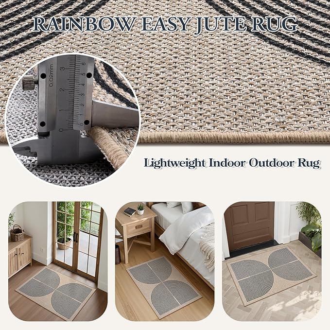 Lahome Enfys Rainbow Easy Jute Rug, 2x3 Farmhouse Kitchen Rugs Non Slip Washable Entryway Rug, Neutral Non Slip Non Shedding Low Pile Indoor Outdoor Door Mats for Porch Foyer