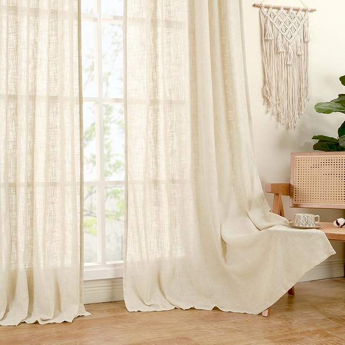 LAMIT Beige Linen Curtains 63 inches Long, Light Filtering Linen Textured Semi Sheer Back Tab and Rod Pocket Boho Drapes for Bedroom/Living Room, 2 Panels, 70 x 63 Inch