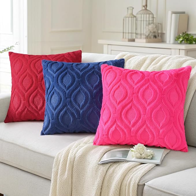 decorUhome Throw Pillow Covers 24x24 Inch Set of 2, Soft Plush Faux Wool Red Solid Couch Pillow Covers, Accent Euro Sham Farmhouse Neutral Square Pillow Cases for Sofa Bed Living Room