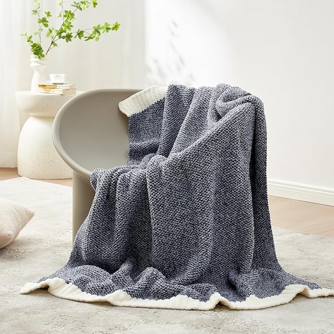 Snuggle Sac Heather Navy Throw Blanket for Couch, Super Soft Warm Microfiber Blankets Navy Blue, Cozy Knit Fuzzy Plush Lightweight Throws for Sofa, Bed, Heather Navy,50x60 inches