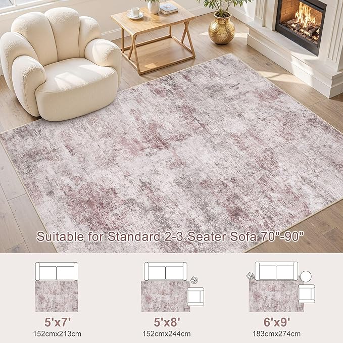 UERMEI 6x9 Area Rug Living Room Rugs - Washable Neutral Modern Abstract Soft Thin Large Rug Indoor Floor No Slip Rug Carpet for Bedroom Under Dining Table Home Office Decor - Pink