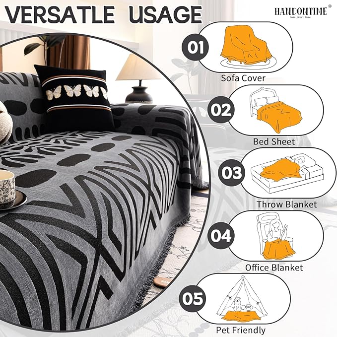 HANDONTIME Boho Couch Cover Blanket Geometric Striped Pet Covers for Couches and Sofas Dark Grey and Black Dog Cover for Couch Pet Friendly Chenille Sectional Sofa Covers for Pets Washable, 71" X118"