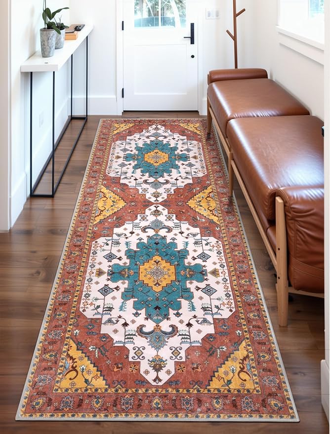 SERISSA Boho Washable Runner Rug, 2x6 Rug Non-Slip Vintage Orange Hallway Kitchen Runner Rug Ultra Soft Print Distressed Floor Carpet for Bedroom Bathroom Laundry Living Room
