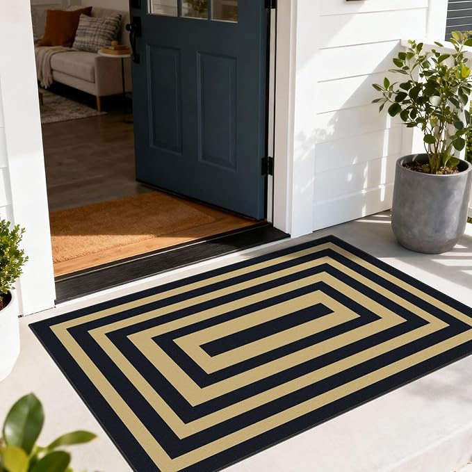 Modern Outdoor Rug - 28" x 43" Front Door Mat Indoor Outside Entrance Non-Slip Washable Outdoor Mat Black Tan Geometric Rug for Entryway Kitchen Bedroom Layered Doormat for Front Porch