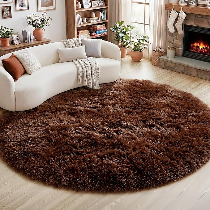 Amdrebio Dark Brown Round Circle Rugs 5Ft for Bedroom, Fluffy Shag Plush Area Rugs for Kids Room, Living Room Decor Aesthetic, Fuzzy Fur Floor Chocolate Coffee Carpet for Playroom Dorm Baby Nursery